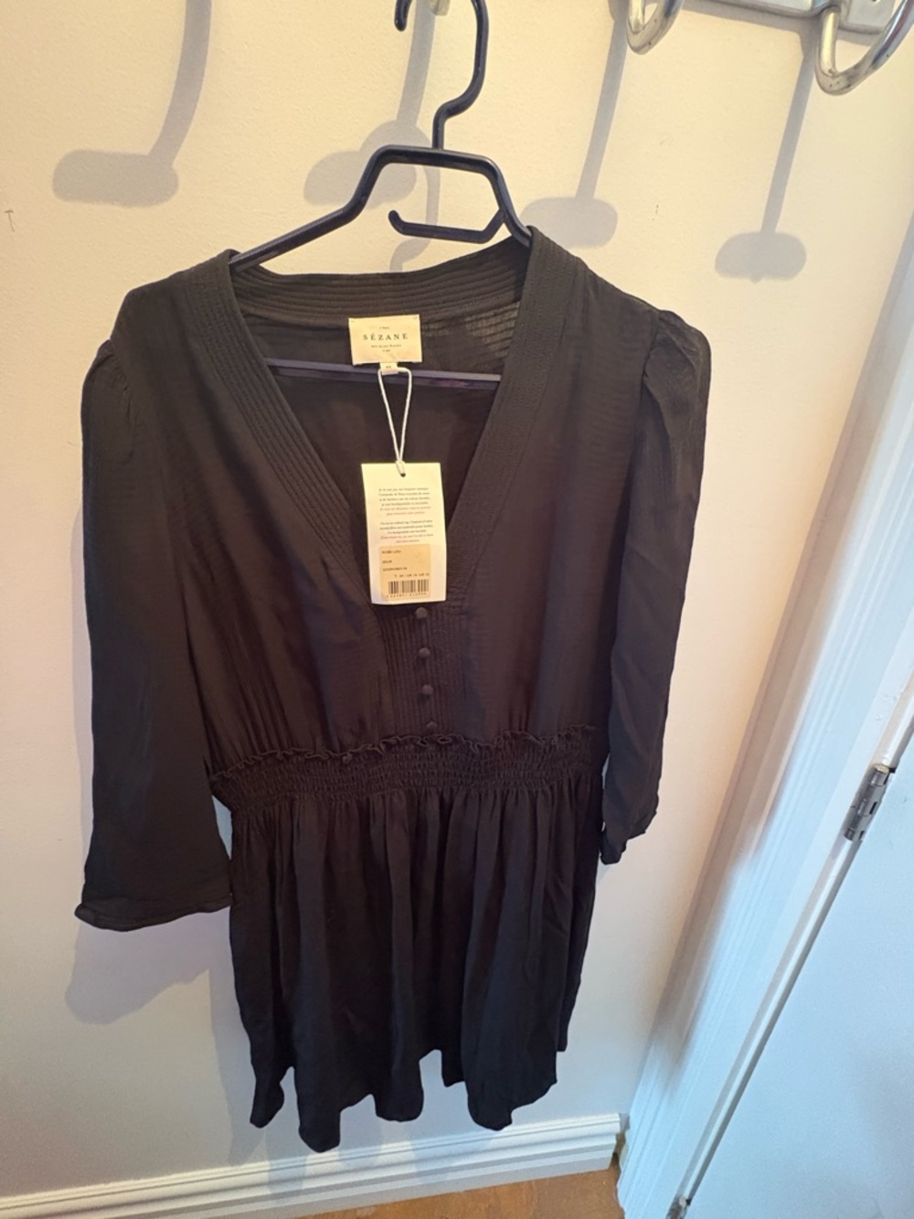 Sezane Black V‑Neck Button Front Dress